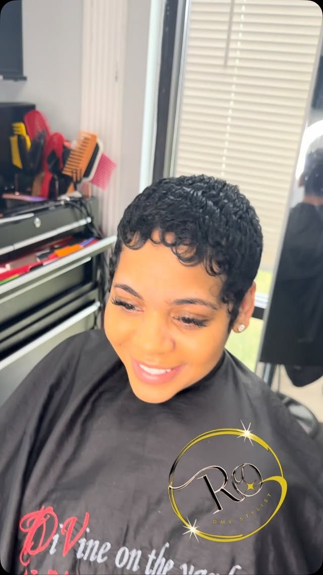 A finished pixie cut with sculpted edges at the DC salon